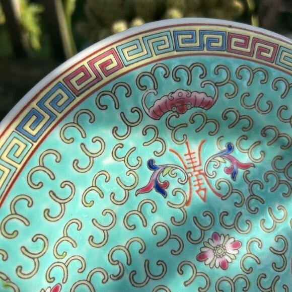 Vintage Chinese Jingdezhen Famille Rose Porcelain Turquoise Green Plate 14”x10" - Picture 6 of 16